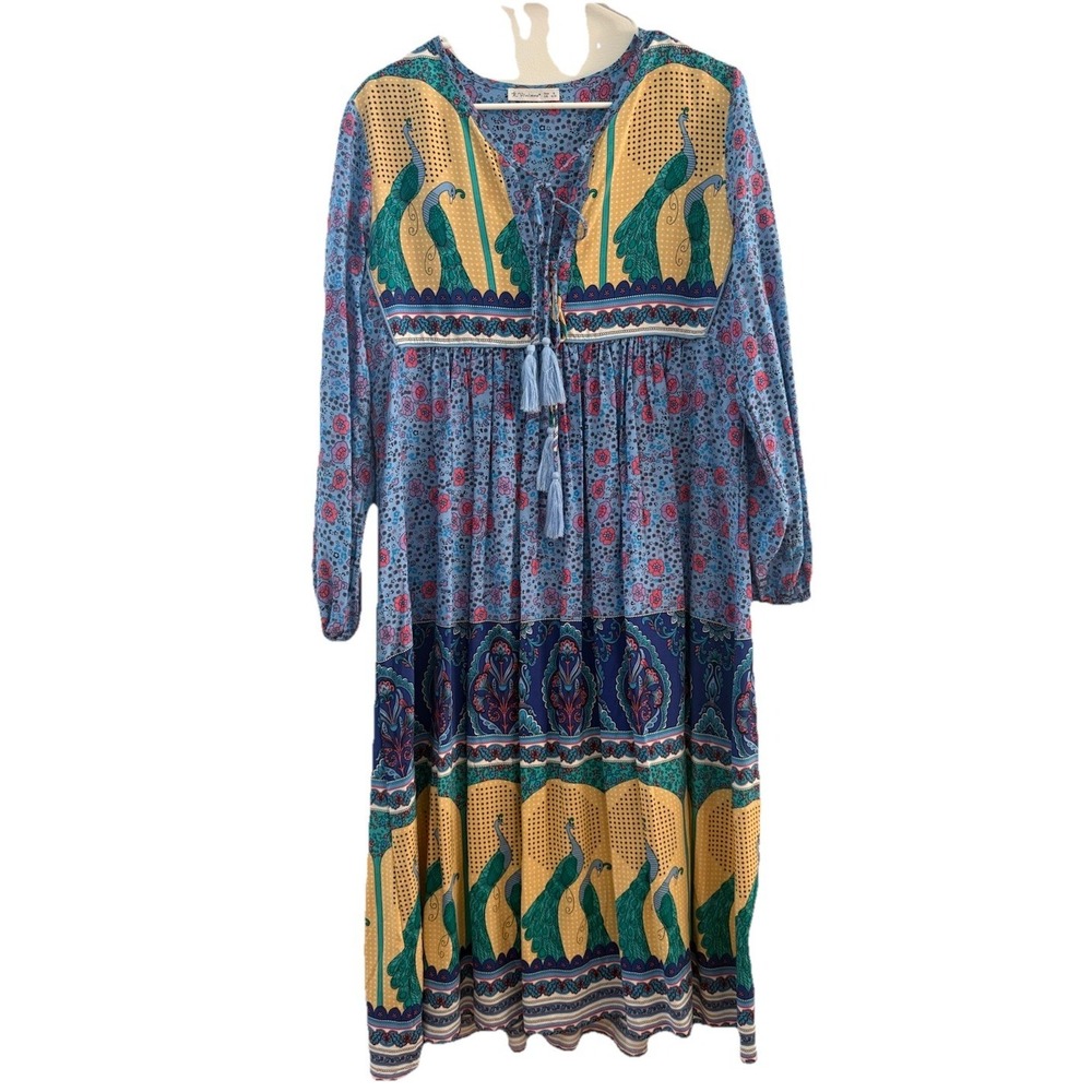 R.Vivimos Dress Women's S Blue‎ Long Sleeve Midi Peacock Bird Flowy Boho Peasant